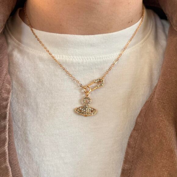 Y2K 2000s Rose Gold Iced Out Planet Necklace Unisex Vintage Chain New - Picture 1 of 10